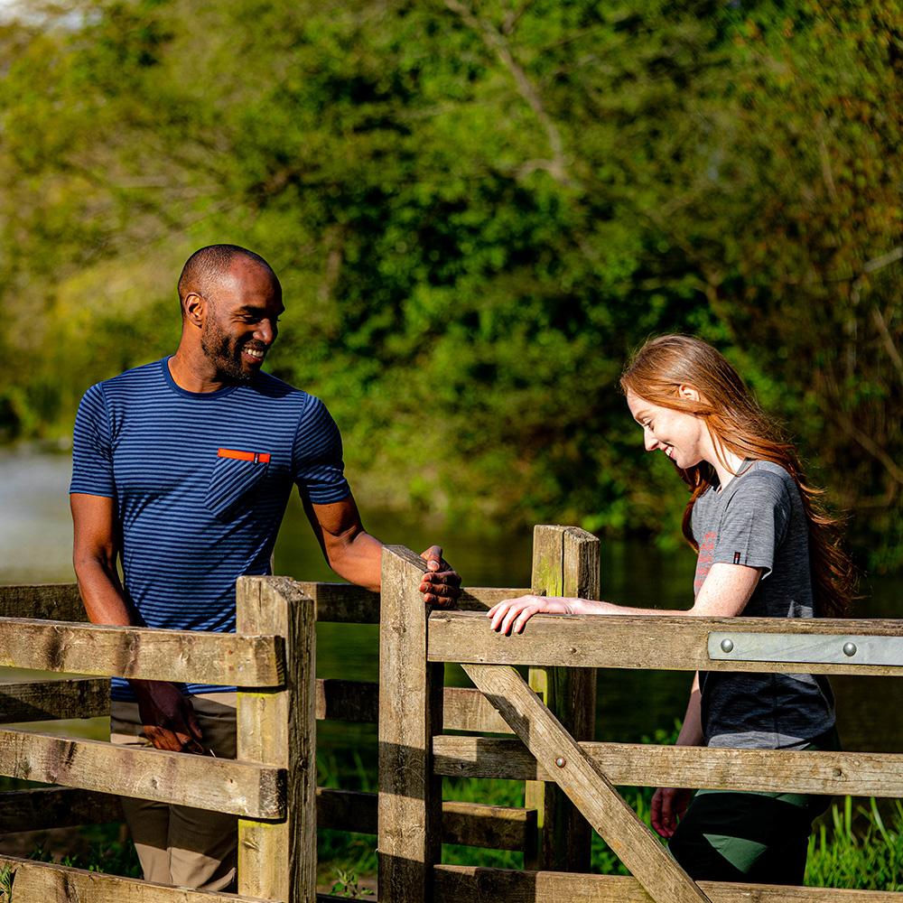 Isobaa | Mens Merino 150 Pocket Tee (Mini Stripe Navy/Denim) | Gear up for outdoor adventure with Isobaa's superfine Merino Tee – a perfect blend of comfort, practicality, and sustainable design.