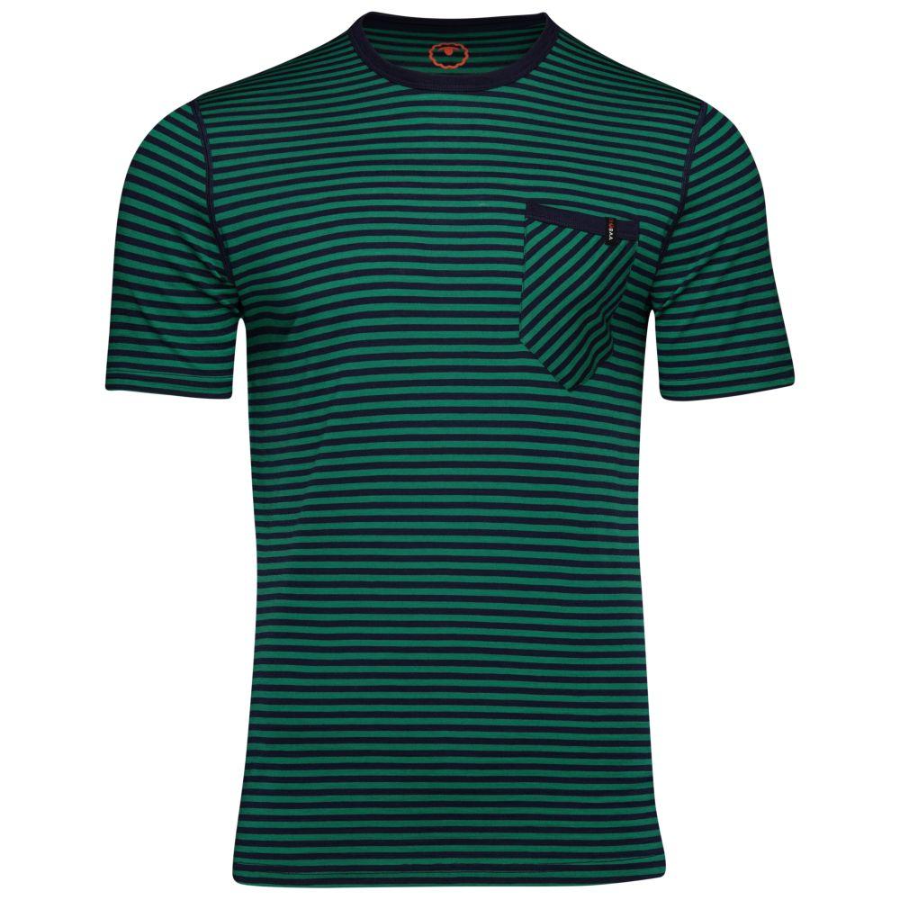 Isobaa | Mens Merino 150 Pocket Tee (Mini Stripe Navy/Green) | Gear up for outdoor adventure with Isobaa's superfine Merino Tee – a perfect blend of comfort, practicality, and sustainable design.