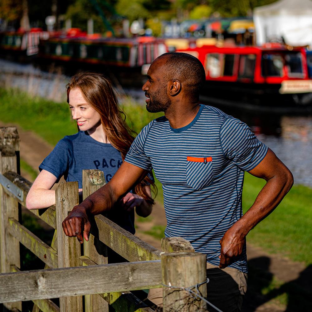 Isobaa | Mens Merino 150 Pocket Tee (Mini Stripe Petrol/Charcoal) | Gear up for outdoor adventure with Isobaa's superfine Merino Tee – a perfect blend of comfort, practicality, and sustainable design.