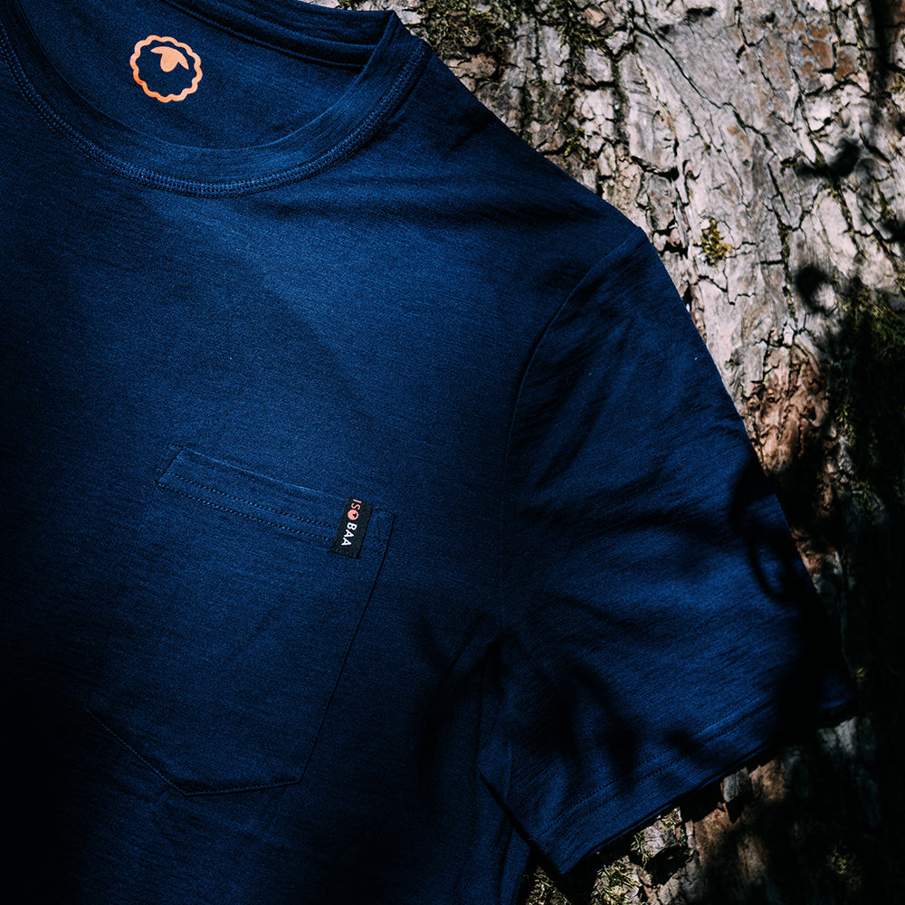 Isobaa | Mens Merino 150 Pocket Tee (Navy) | Gear up for outdoor adventure with Isobaa's superfine Merino Tee – a perfect blend of comfort, practicality, and sustainable design.