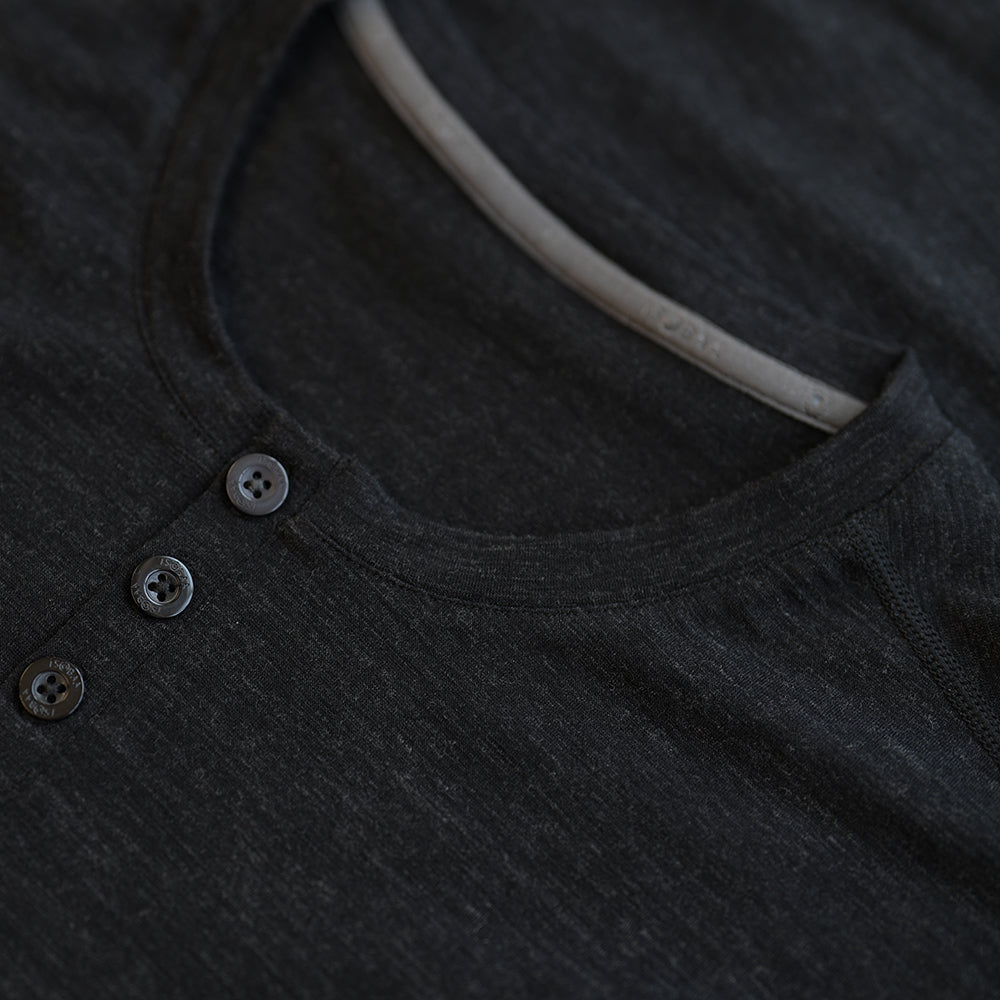 Isobaa | Mens Merino Blend 160 PJ Henley (Black Melange) | Relax with our superfine Merino blend Henley.