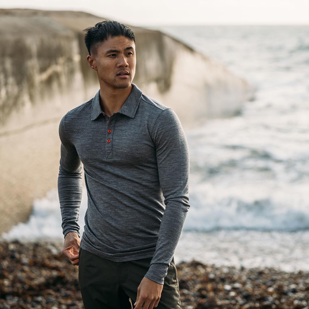 Isobaa | Mens Merino 200 Long Sleeve Polo Shirt (Charcoal/Orange) | Discover unmatched comfort with our 200gm Merino wool polo.