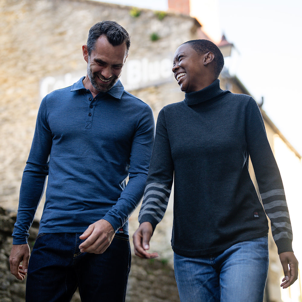 Isobaa | Mens Merino 200 Long Sleeve Polo Shirt (Denim/Navy) | Discover unmatched comfort with our 200gm Merino wool polo.