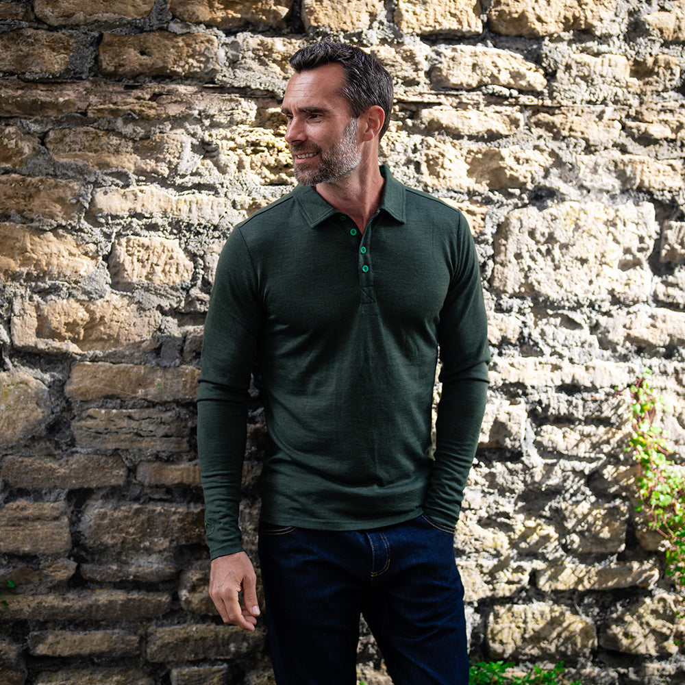 Isobaa | Mens Merino 200 Long Sleeve Polo Shirt (Forest/Green) | Discover unmatched comfort with our 200gm Merino wool polo.