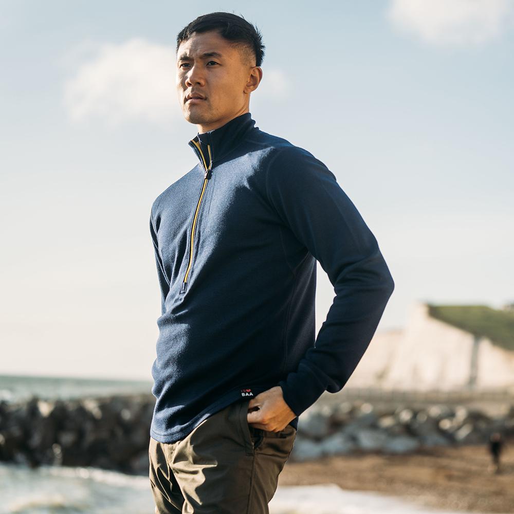 Isobaa | Mens Merino 320 Long Sleeve Half Zip (Navy/Lime) | Conquer cold trails, blustery commutes, and unpredictable weather with the ultimate Merino wool half-zip top.