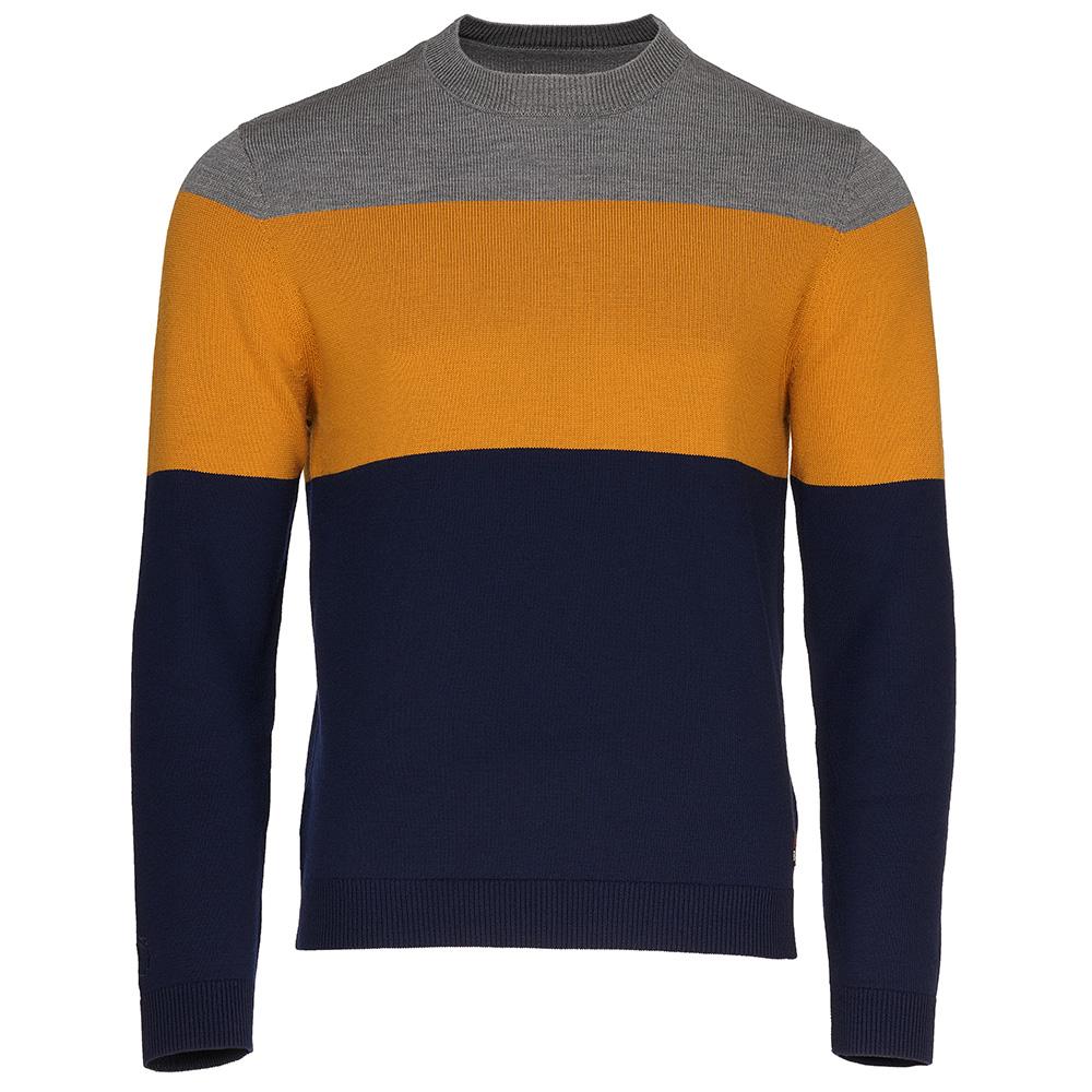 Isobaa | Mens Merino Block Stripe Sweater (Navy/Mustard/Charcoal) | Discover effortless style and exceptional comfort with our  extrafine 9-gauge Merino wool crew neck sweater.
