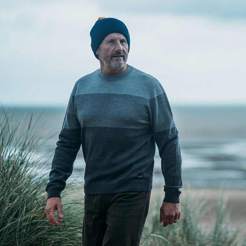 Isobaa | Mens Merino Block Stripe Sweater (Smoke/Grey/Charcoal) | Discover effortless style and exceptional comfort with our  extrafine 9-gauge Merino wool crew neck sweater.