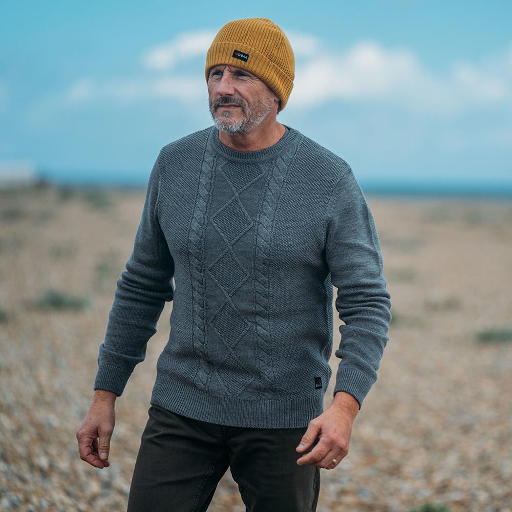 Isobaa | Mens Merino Cable Sweater (Charcoal) | Experience timeless style and outdoor-ready performance with our Merino wool crew neck sweater.