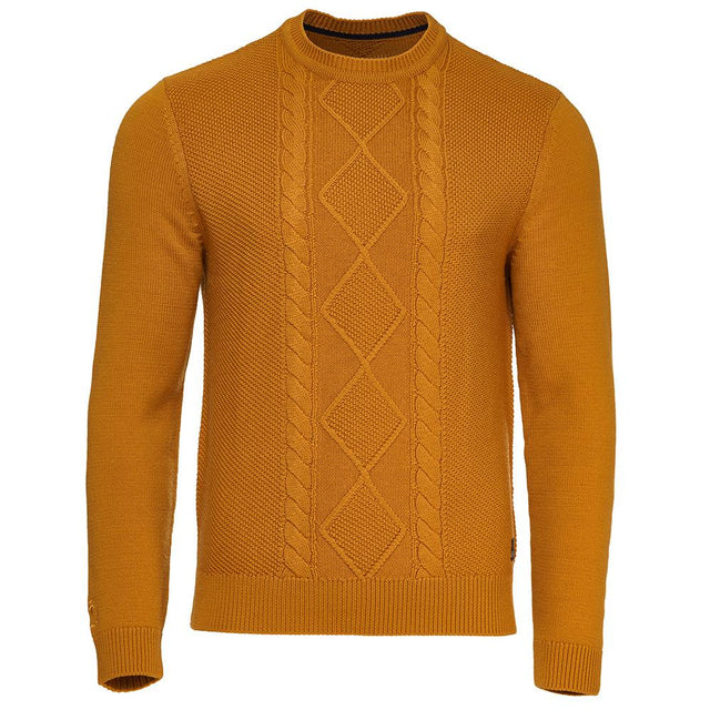 Isobaa | Mens Merino Cable Sweater (Mustard) | Experience timeless style and outdoor-ready performance with our Merino wool crew neck sweater.