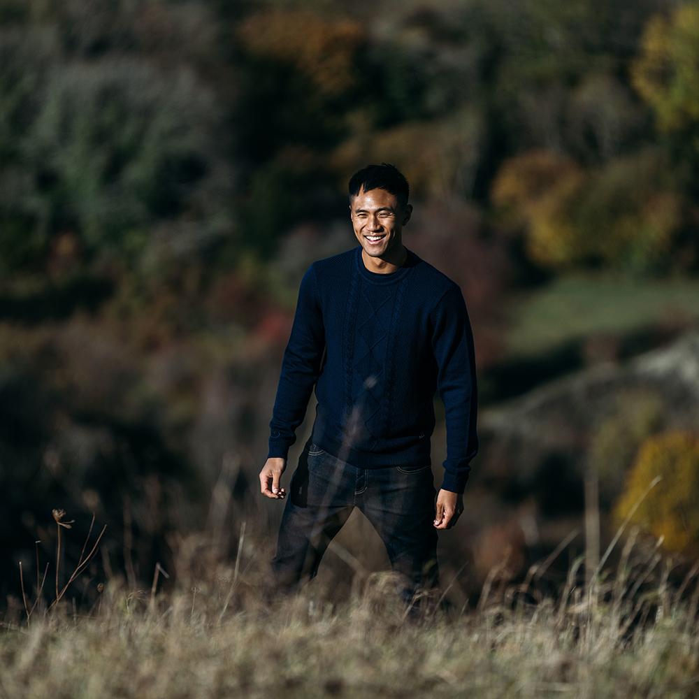 Isobaa | Mens Merino Cable Sweater (Navy) | Experience timeless style and outdoor-ready performance with our Merino wool crew neck sweater.