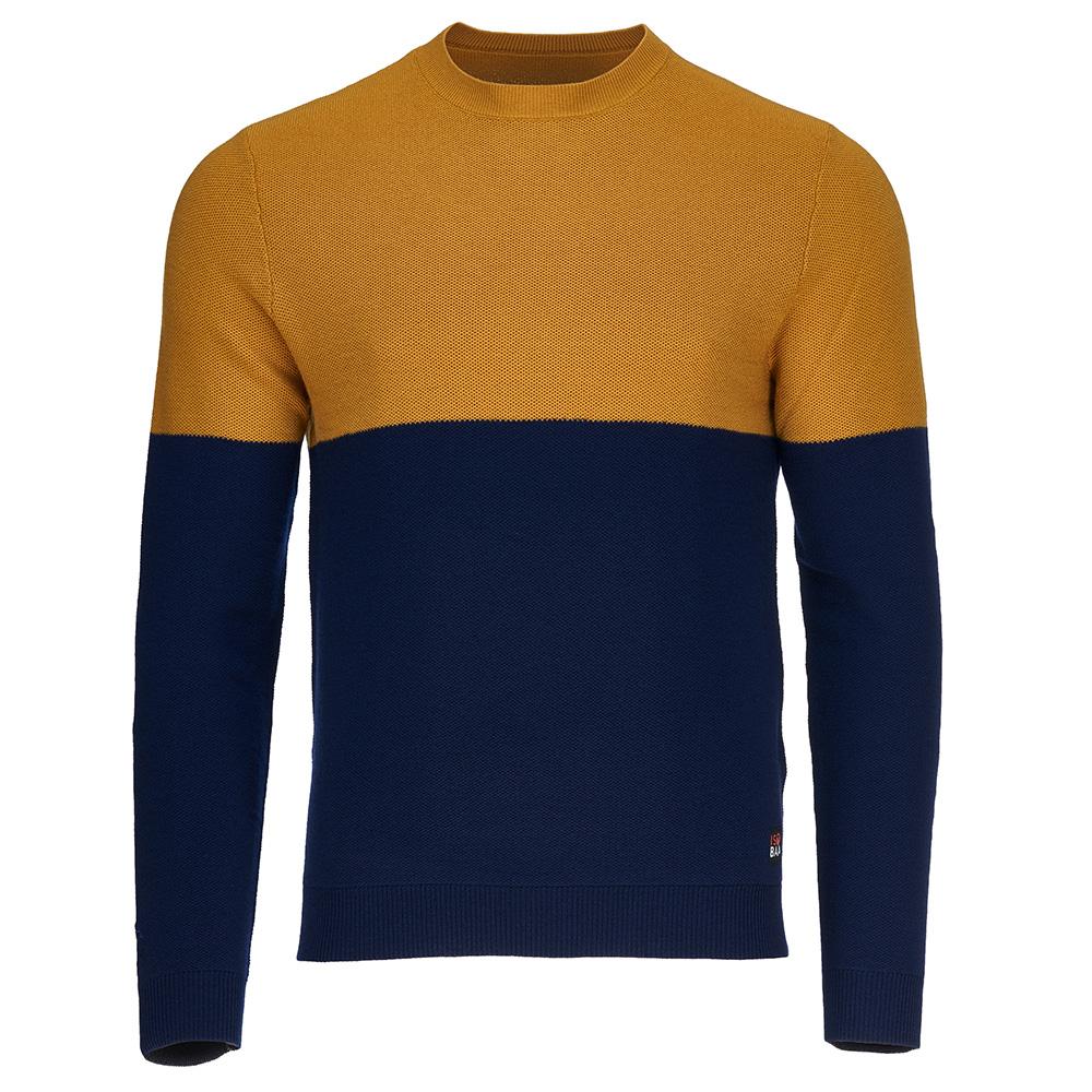 Isobaa | Mens Merino Honeycomb Sweater (Navy/Mustard) | The perfect blend of function and elegance in our extrafine 12-gauge Merino wool crew neck sweater.