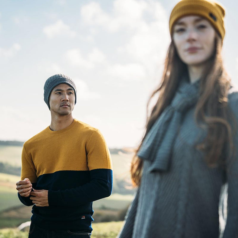 Isobaa | Mens Merino Honeycomb Sweater (Navy/Mustard) | The perfect blend of function and elegance in our extrafine 12-gauge Merino wool crew neck sweater.