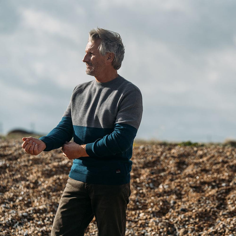 Isobaa | Mens Merino Honeycomb Sweater (Petrol/Charcoal) | The perfect blend of function and elegance in our extrafine 12-gauge Merino wool crew neck sweater.