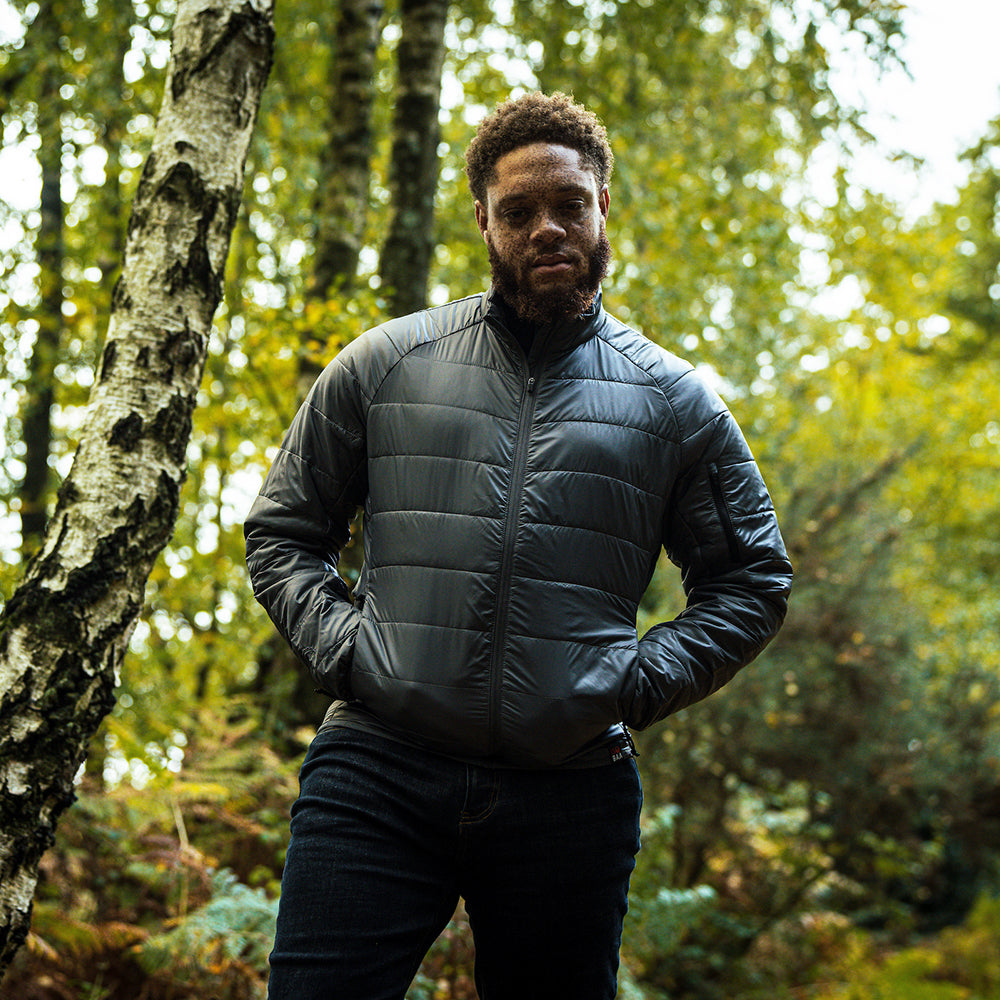 Isobaa | Mens Packable Insulated Jacket (Smoke/Black) | Exceptional warmth, packable convenience, and sustainable design with our lightweight Merino wool jacket.