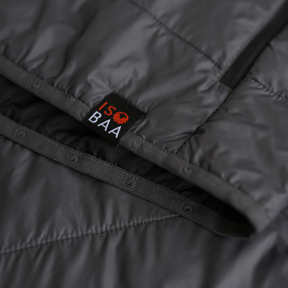 Isobaa | Mens Packable Insulated Jacket (Smoke/Black) | Exceptional warmth, packable convenience, and sustainable design with our lightweight Merino wool jacket.