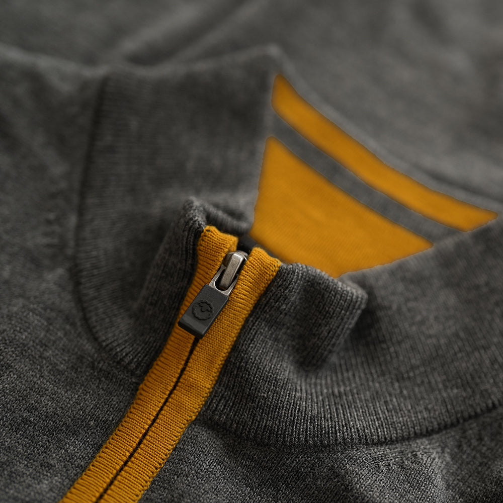 Isobaa | Mens Zip Neck Sweater (Smoke/Mustard) | Experience premium comfort, and refined style with our Merino wool zip-neck sweater.