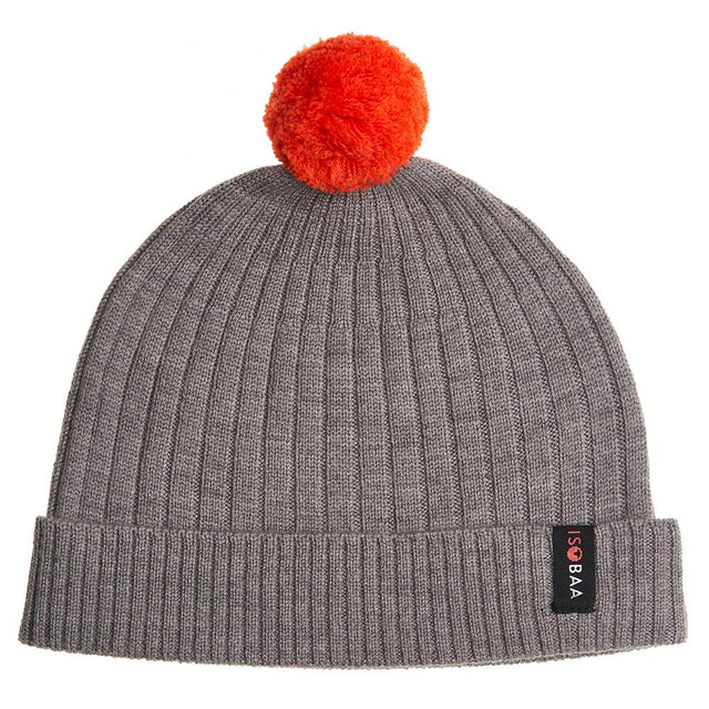 Isobaa | Merino Bobble Beanie (Charcoal/Orange) | Stay warm and stylish with Isobaa's extra-fine Merino bobble beanie! Its cosy warmth, playful bobble, and classic rib-knit design will make it your go-to winter essential for hikes, city strolls, and everything in between.
