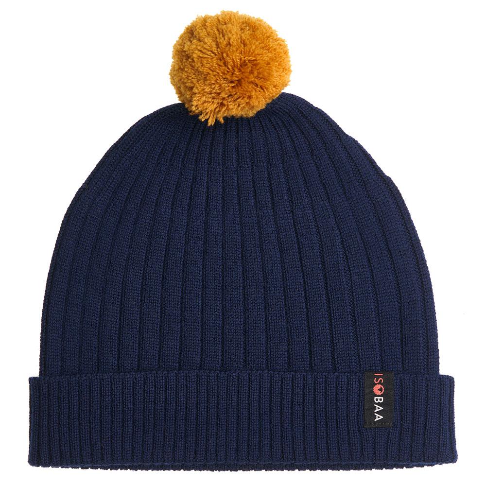 Isobaa | Merino Bobble Beanie (Navy/Mustard) | Stay warm and stylish with Isobaa's extra-fine Merino bobble beanie! Its cosy warmth, playful bobble, and classic rib-knit design will make it your go-to winter essential for hikes, city strolls, and everything in between.