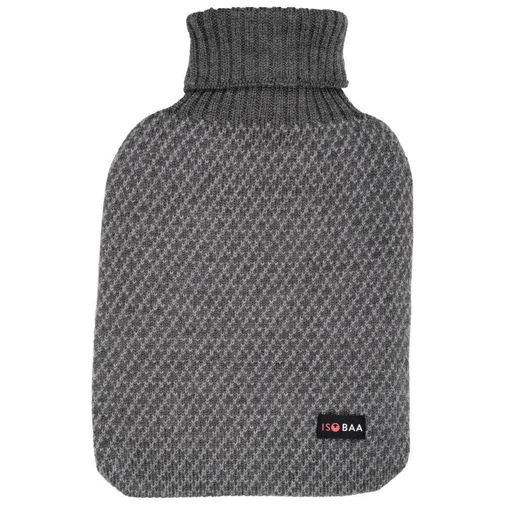 Isobaa | Merino Jacquard Hot Water Bottle Cover (Charcoal/Smoke) | Say goodbye to ordinary hot water bottles! You'll love the luxurious feel of our Merino wool cover – and your skin will thank you! Wrap yourself in cosy warmth, enjoy natural breathability, and discover the ultimate hot water bottle indulgence.