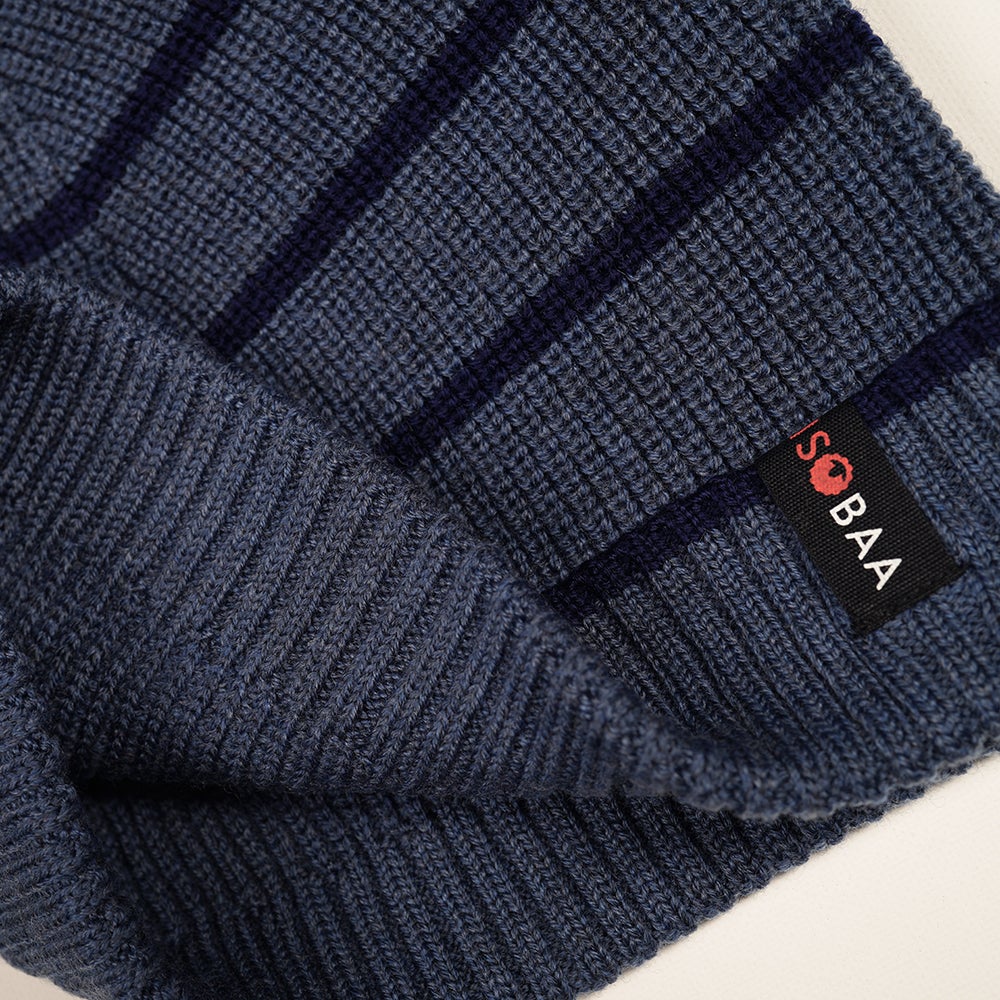 Isobaa | Merino Stripe Beanie (Denim/Navy) | Wrap yourself in cosy warmth with Isobaa's Merino beanie.