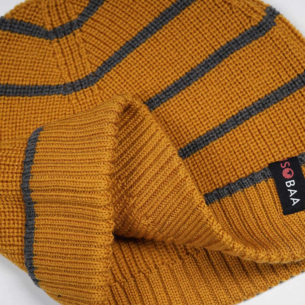 Isobaa | Merino Stripe Beanie (Mustard/Smoke) | Wrap yourself in cosy warmth with Isobaa's Merino beanie.