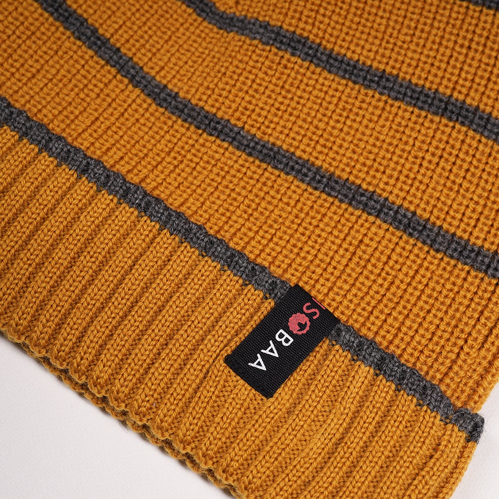 Isobaa | Merino Stripe Beanie (Mustard/Smoke) | Wrap yourself in cosy warmth with Isobaa's Merino beanie.