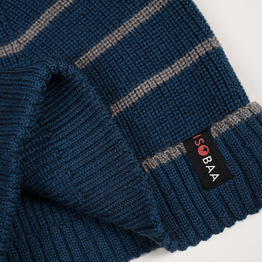 Isobaa | Merino Stripe Beanie (Petrol/Charcoal) | Wrap yourself in cosy warmth with Isobaa's Merino beanie.