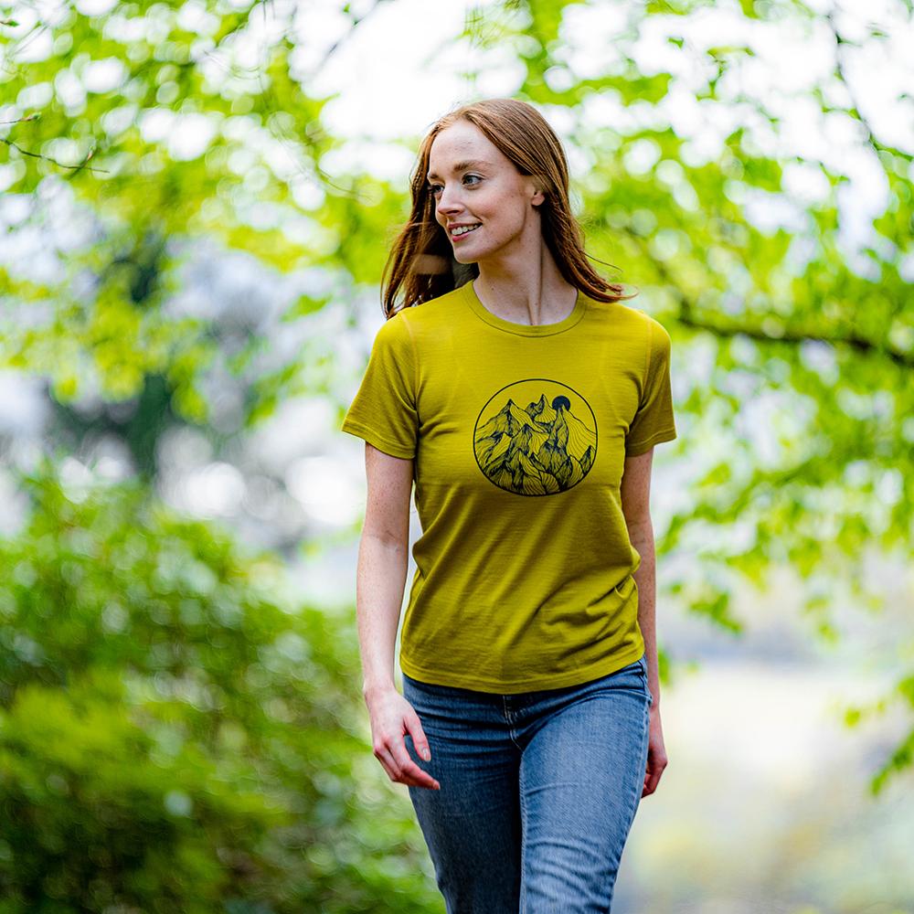 Isobaa | Womens Merino 150 Mountains Tee (Lime) | Gear up for adventure with our superfine Merino Tee.