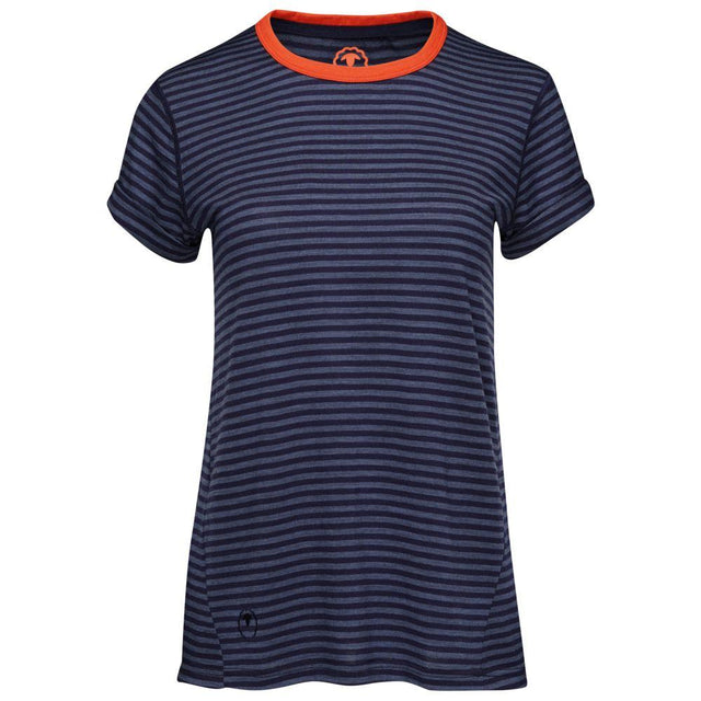 Isobaa | Womens Merino 150 Roll Sleeve Tee (Mini Stripe Navy/Denim) | Our superfine Merino T-shirt performs everywhere from outdoor adventures to coffee dates.