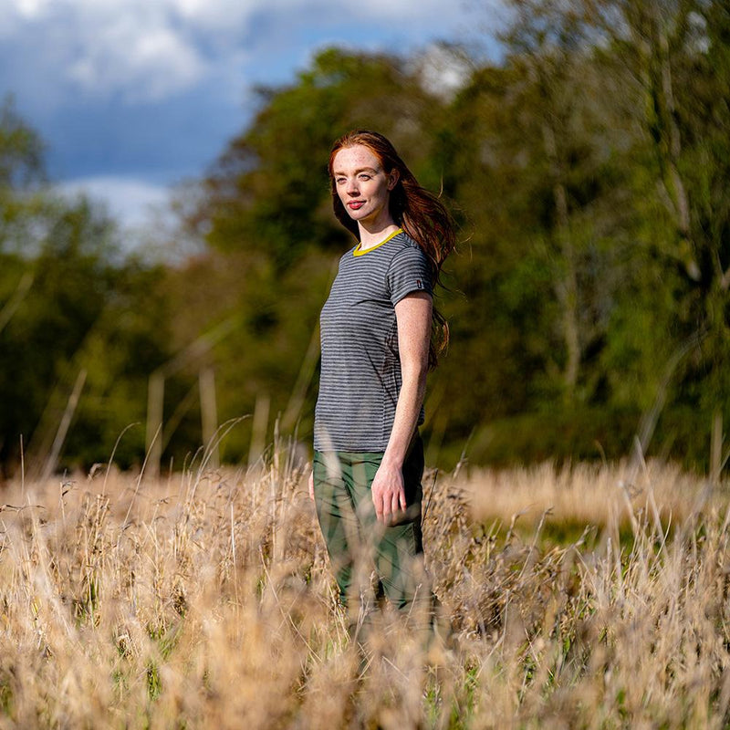Isobaa | Womens Merino 150 Roll Sleeve Tee (Mini Stripe Smoke/Charcoal) | Our superfine Merino T-shirt performs everywhere from outdoor adventures to coffee dates.