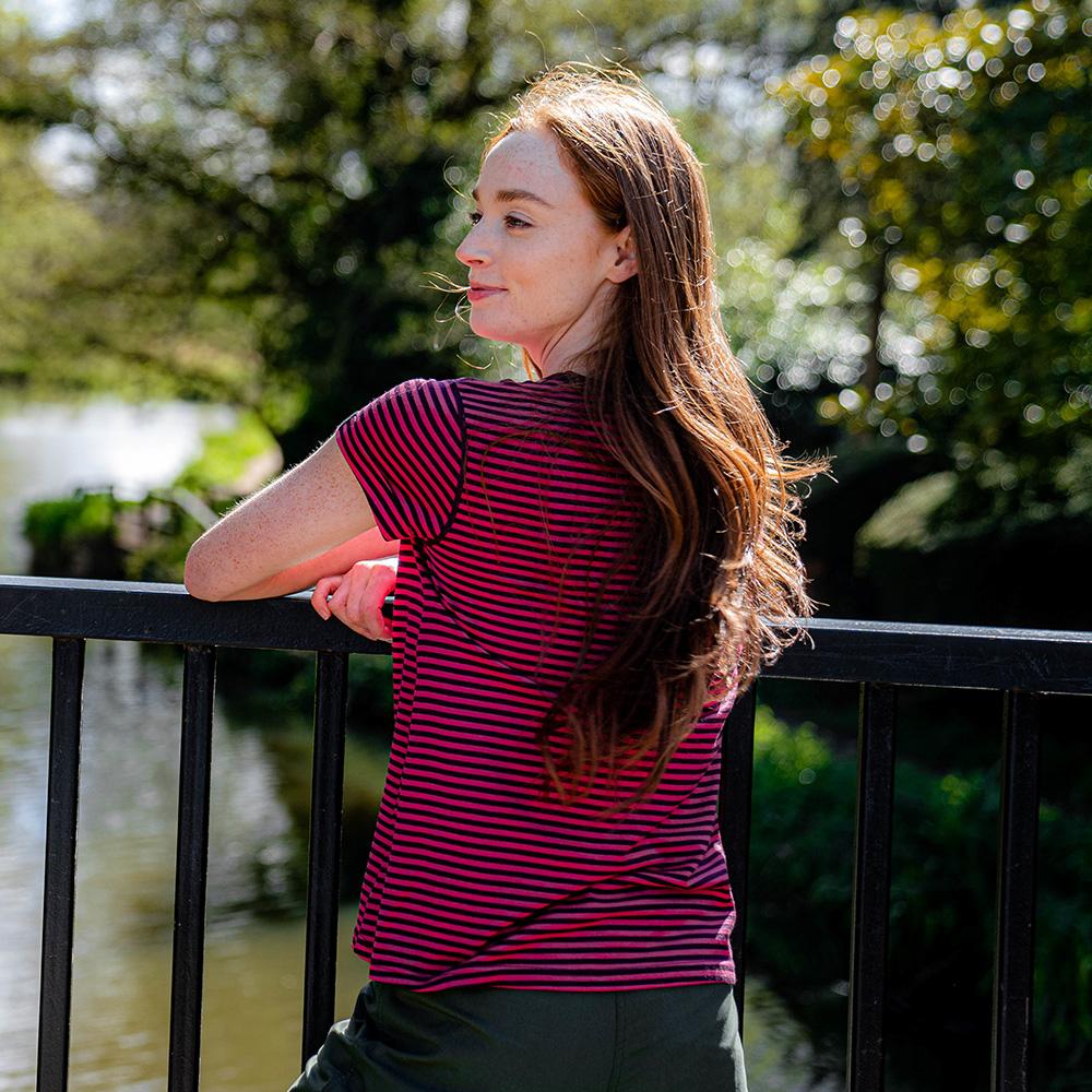 Isobaa | Womens Merino 150 Roll Sleeve Tee (Mini Stripe Wine/Fuchsia) | Our superfine Merino T-shirt performs everywhere from outdoor adventures to coffee dates.