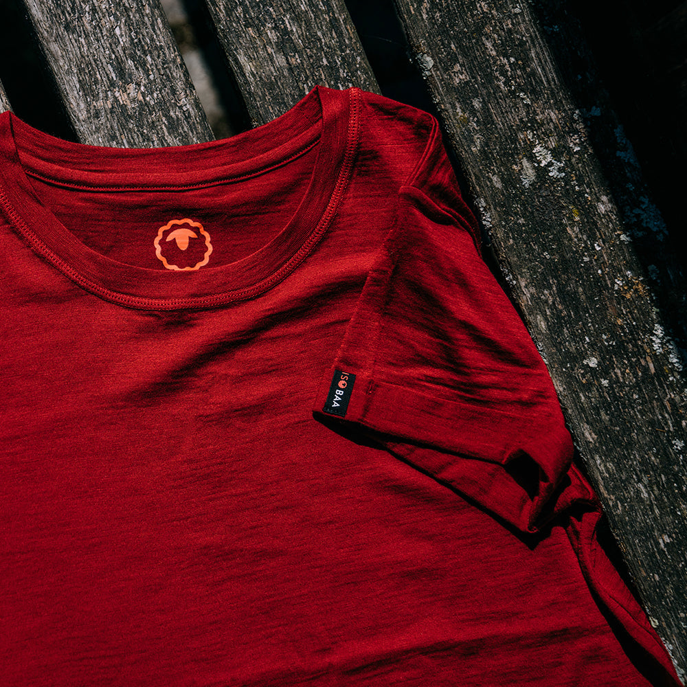 Isobaa | Womens Merino 150 Roll Sleeve Tee (Red) | Our superfine Merino T-shirt performs everywhere from outdoor adventures to coffee dates.