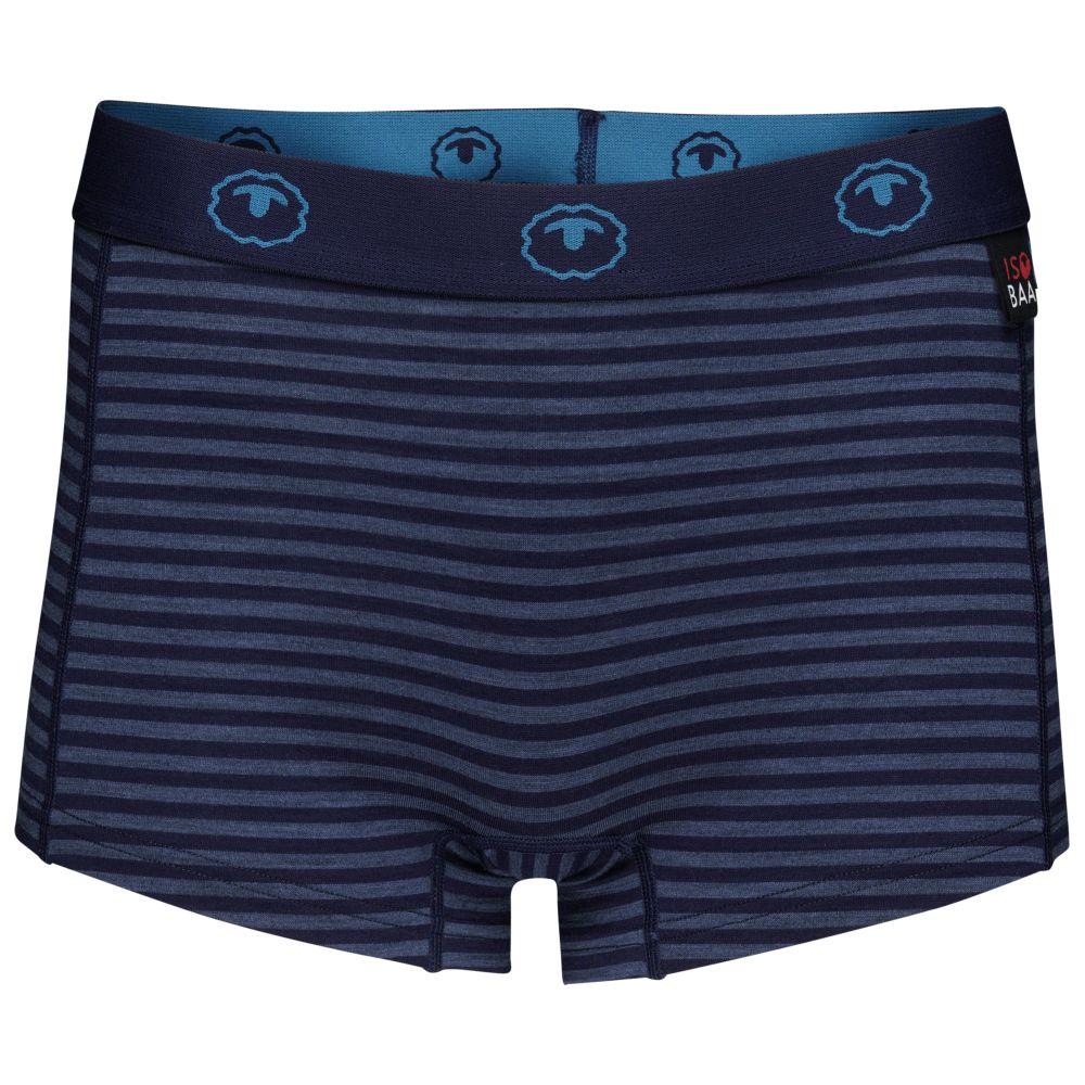 Isobaa | Womens Merino 180 Hipster Shorts (Mini Stripe Navy/Denim) | Conquer any activity in comfort with Isobaa's superfine Merino hipster shorts.