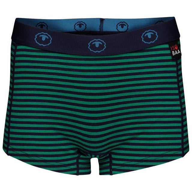 Isobaa | Womens Merino 180 Hipster Shorts (Mini Stripe Navy/Green) | Conquer any activity in comfort with Isobaa's superfine Merino hipster shorts.