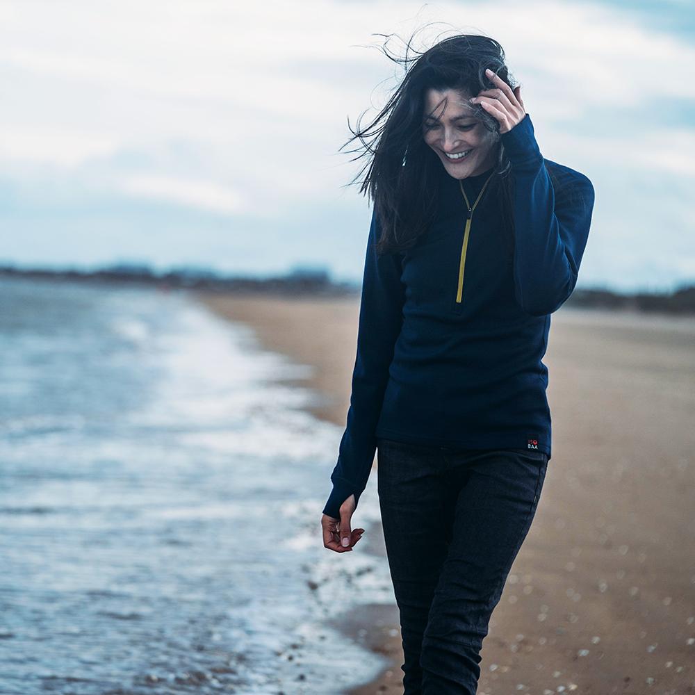 Isobaa | Womens Merino 320 Long Sleeve Half Zip (Navy/Lime) | Conquer cold trails, blustery commutes, and unpredictable weather with the ultimate Merino wool half-zip top.