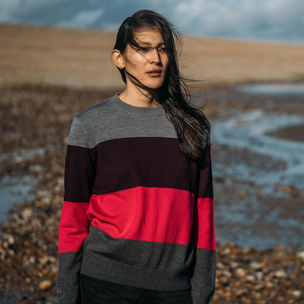 Isobaa | Womens Merino Block Stripe Sweater (Charcoal/Wine/Fuchsia/Smoke) | Discover effortless style and exceptional comfort with our  extrafine 9-gauge Merino wool crew neck sweater.