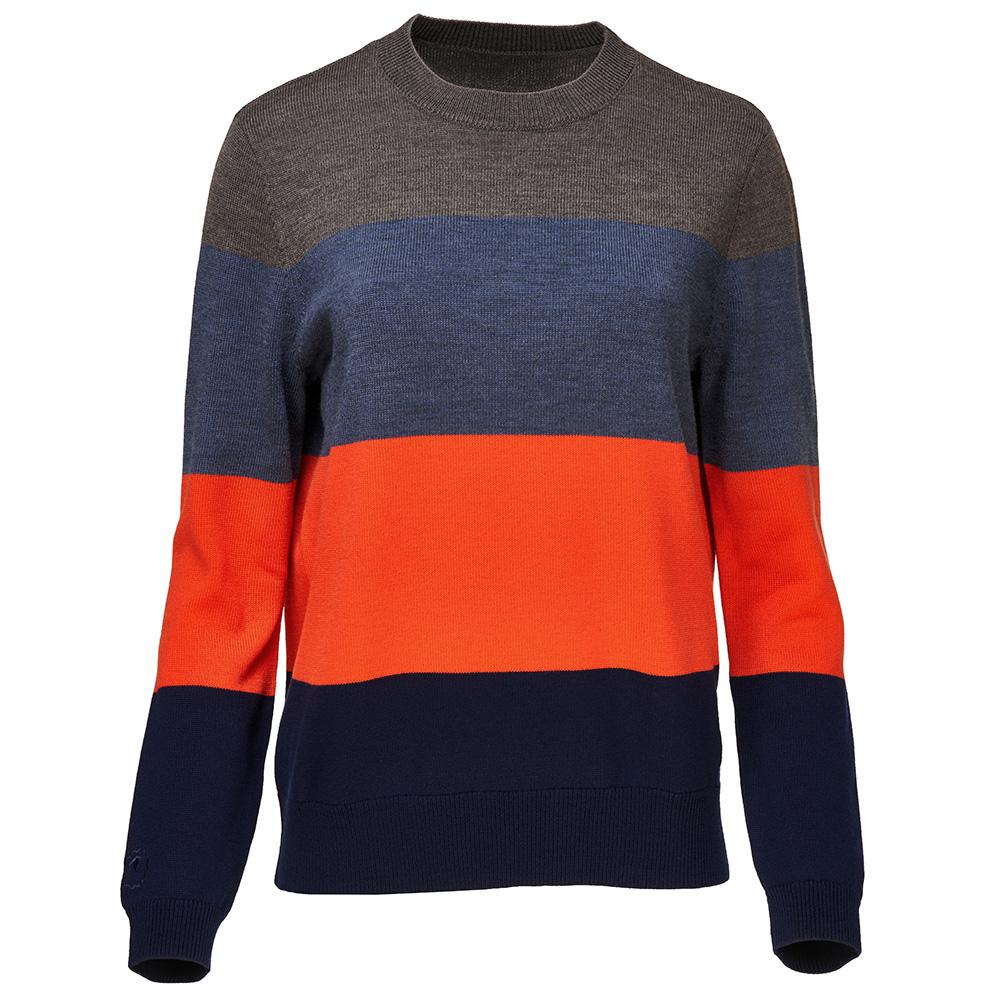 Isobaa | Womens Merino Block Stripe Sweater (Smoke/Denim/Orange/Navy) | Discover effortless style and exceptional comfort with our  extrafine 9-gauge Merino wool crew neck sweater.