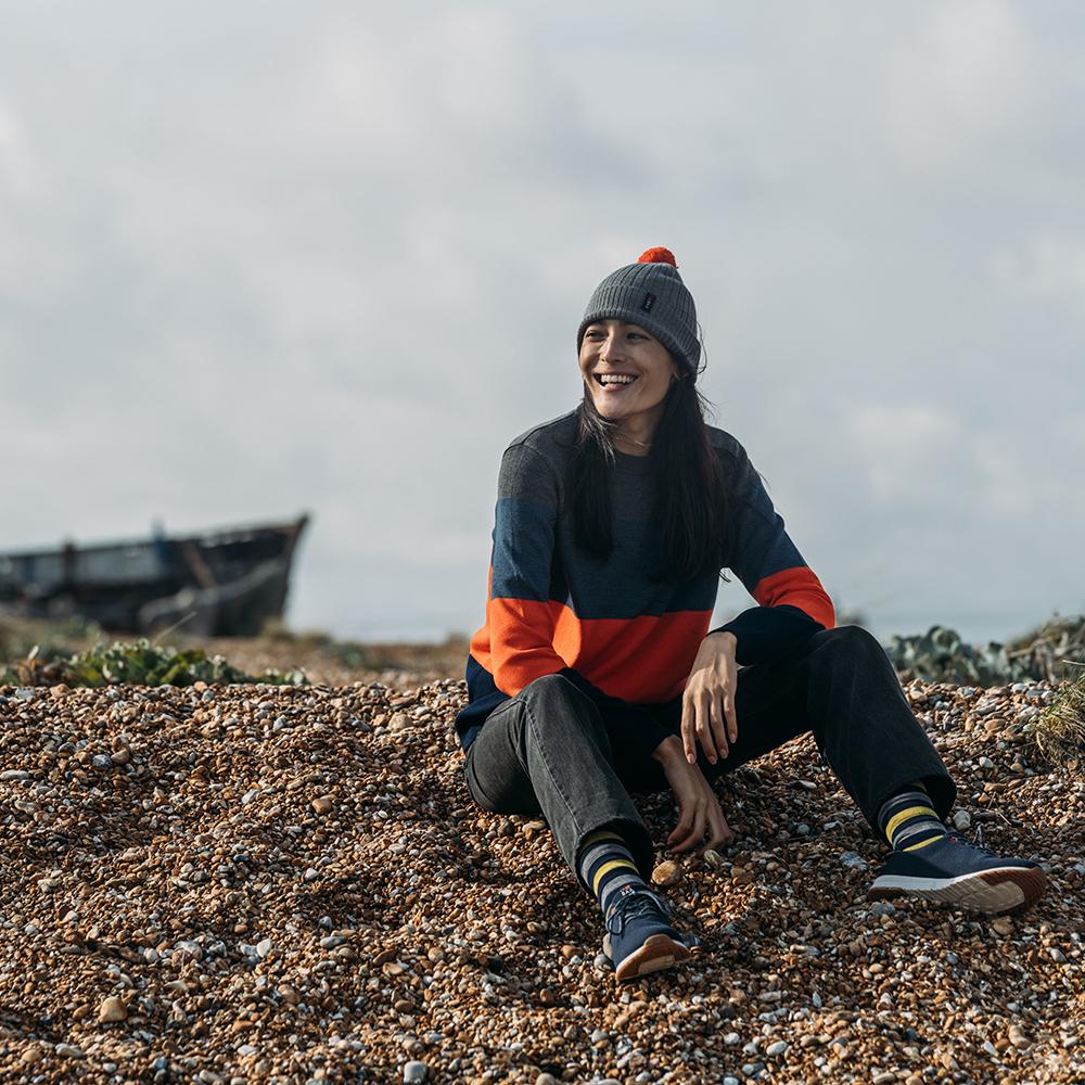 Isobaa | Womens Merino Block Stripe Sweater (Smoke/Denim/Orange/Navy) | Discover effortless style and exceptional comfort with our  extrafine 9-gauge Merino wool crew neck sweater.