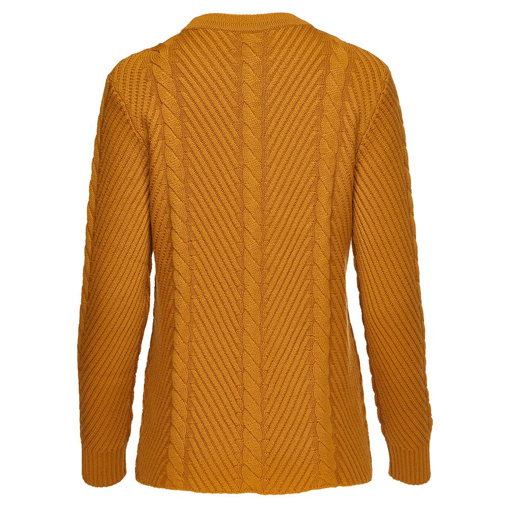 Isobaa | Womens Merino Cable Sweater (Mustard) | Experience timeless style and outdoor-ready performance with our Merino wool crew neck sweater.