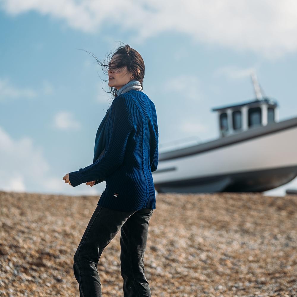 Isobaa | Womens Merino Cable Sweater (Navy) | Experience timeless style and outdoor-ready performance with our Merino wool crew neck sweater.