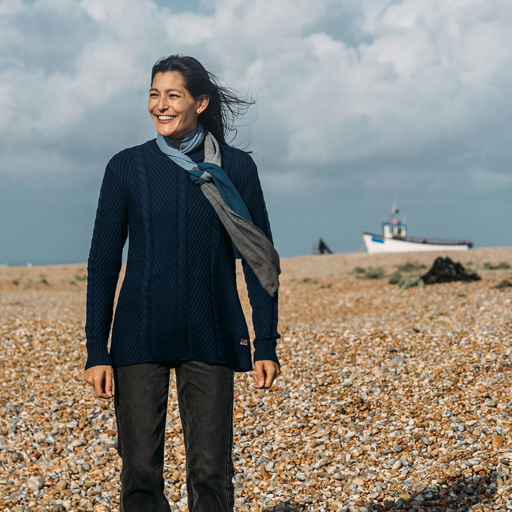 Isobaa | Womens Merino Cable Sweater (Navy) | Experience timeless style and outdoor-ready performance with our Merino wool crew neck sweater.
