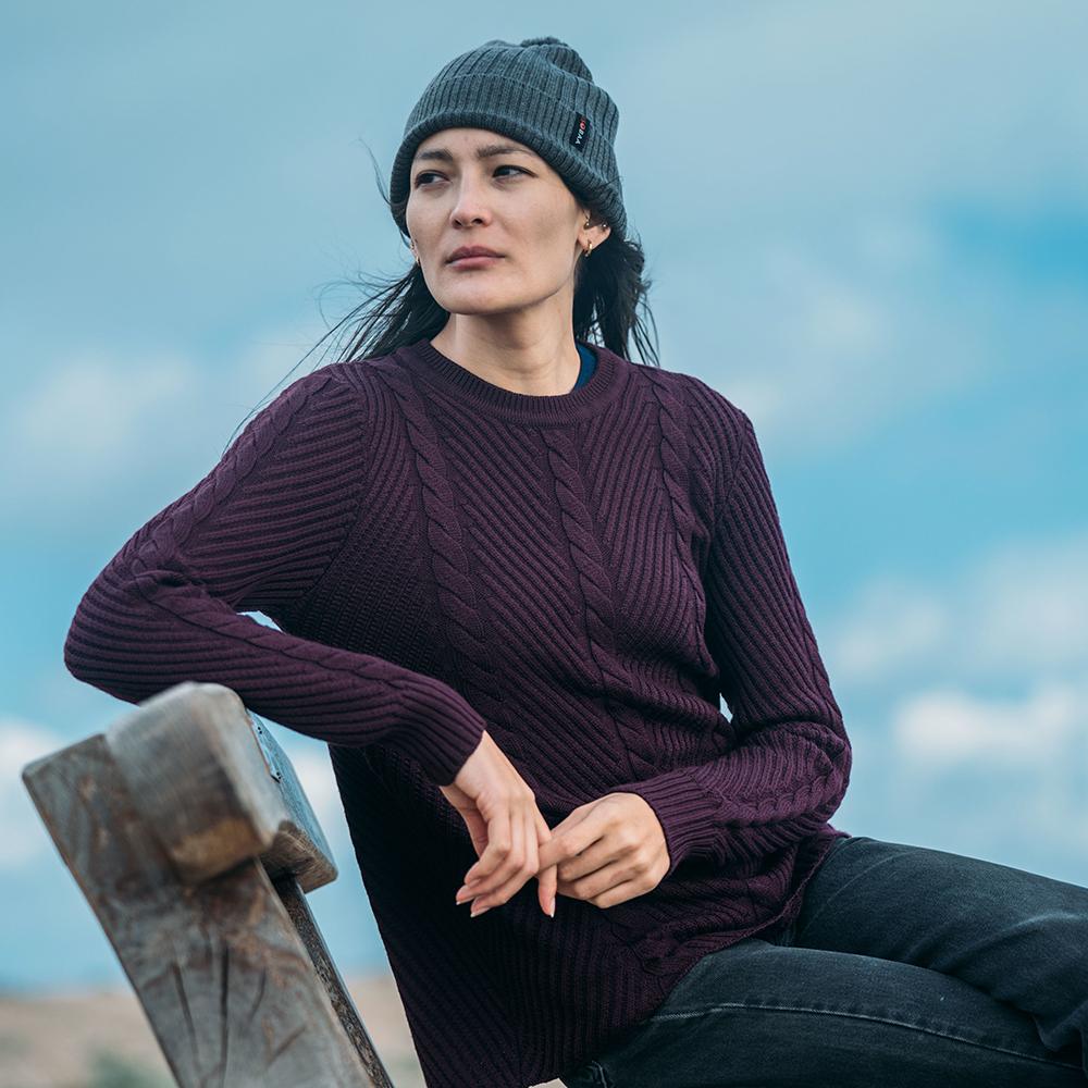 Isobaa | Womens Merino Cable Sweater (Wine) | Experience timeless style and outdoor-ready performance with our Merino wool crew neck sweater.