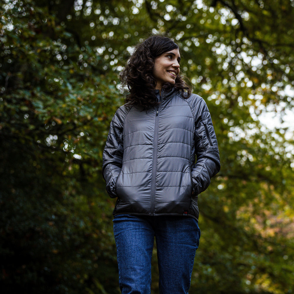 Isobaa | Womens Packable Insulated Jacket (Smoke/Black) | Exceptional warmth, packable convenience, and sustainable design with our lightweight Merino wool jacket.