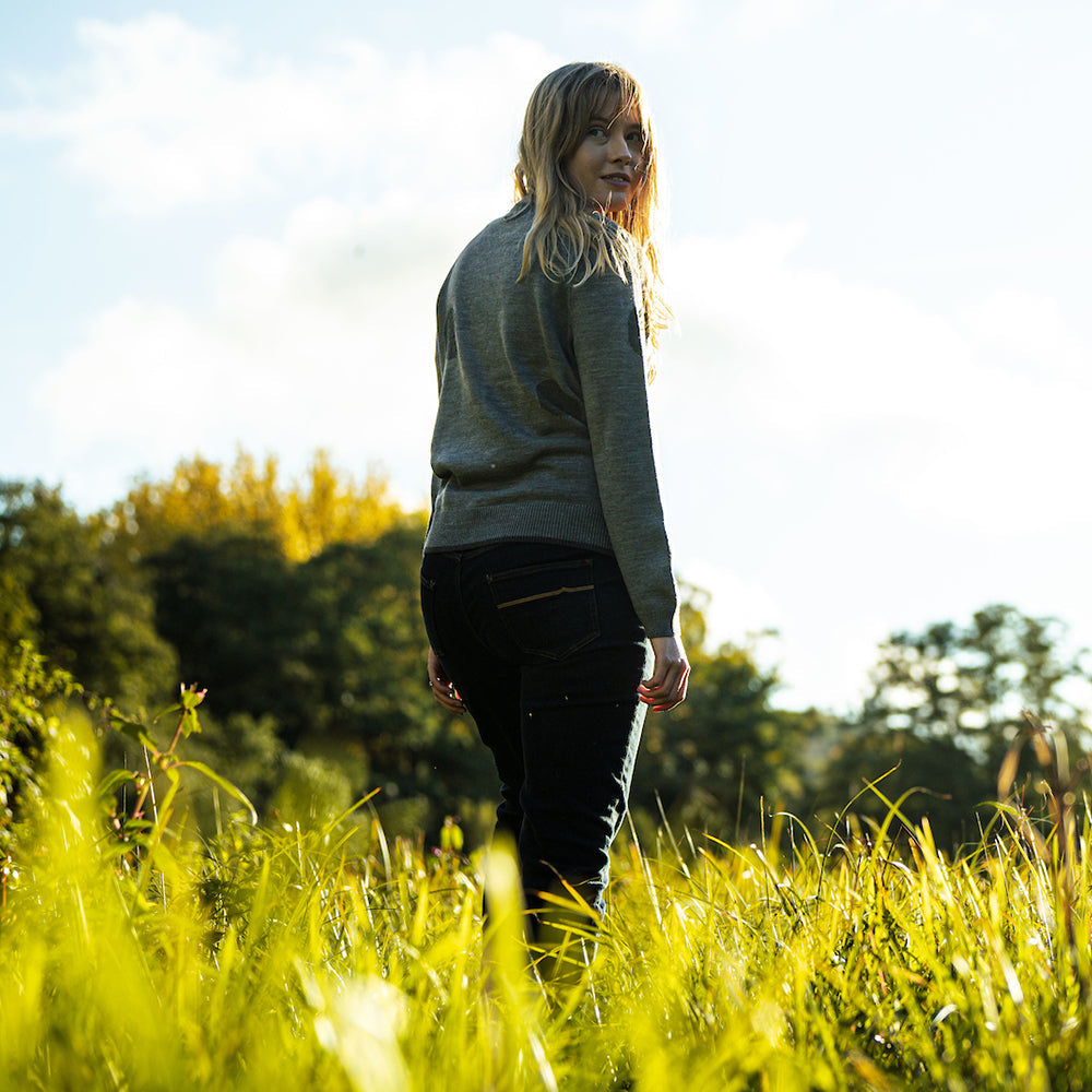 Isobaa | Womens Polka Dot Sweater (Charcoal/Smoke) | Discover the ultimate layering essential with Isobaa's extra-fine Merino crew neck sweater.