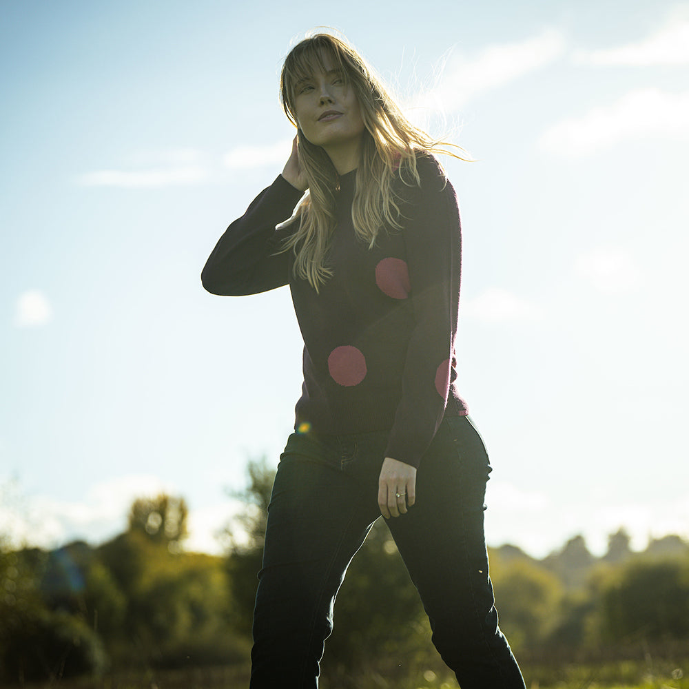 Isobaa | Womens Polka Dot Sweater (Wine/Fuchsia) | Discover the ultimate layering essential with Isobaa's extra-fine Merino crew neck sweater.