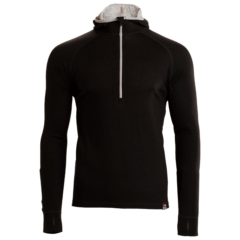 Isobaa | Mens Merino 200 Zip Neck Hoodie (Black) | The ultimate 200gm Merino wool hoodie.