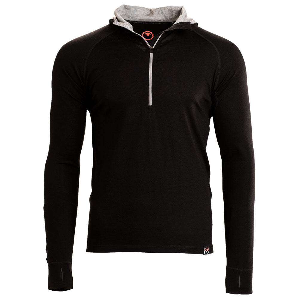 Isobaa | Mens Merino 200 Zip Neck Hoodie (Black) | The ultimate 200gm Merino wool hoodie.