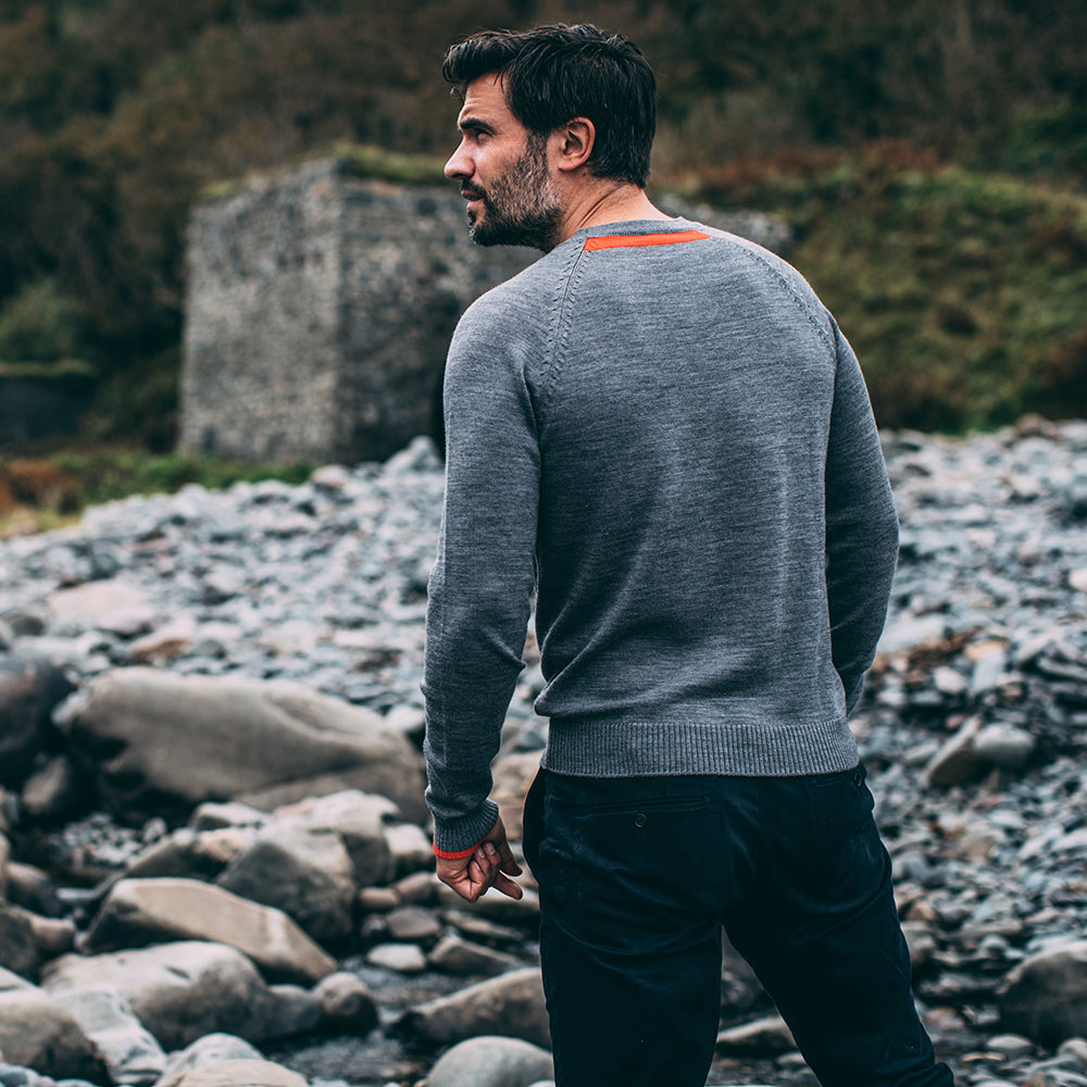 Isobaa | Mens Merino Crew Sweater (Charcoal/Orange) | Everyday warmth and comfort with our superfine 12-gauge Merino wool crew neck sweater.