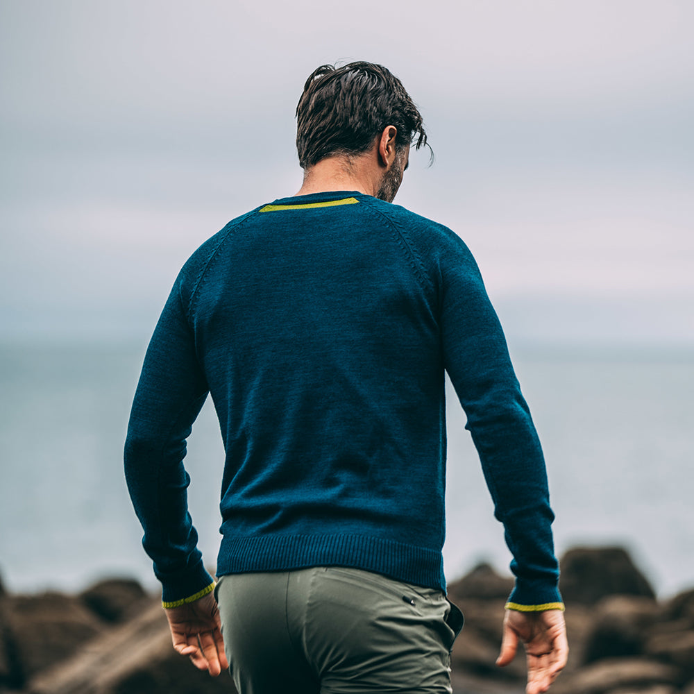 Isobaa | Mens Merino Crew Sweater (Petrol/Lime) | Everyday warmth and comfort with our superfine 12-gauge Merino wool crew neck sweater.