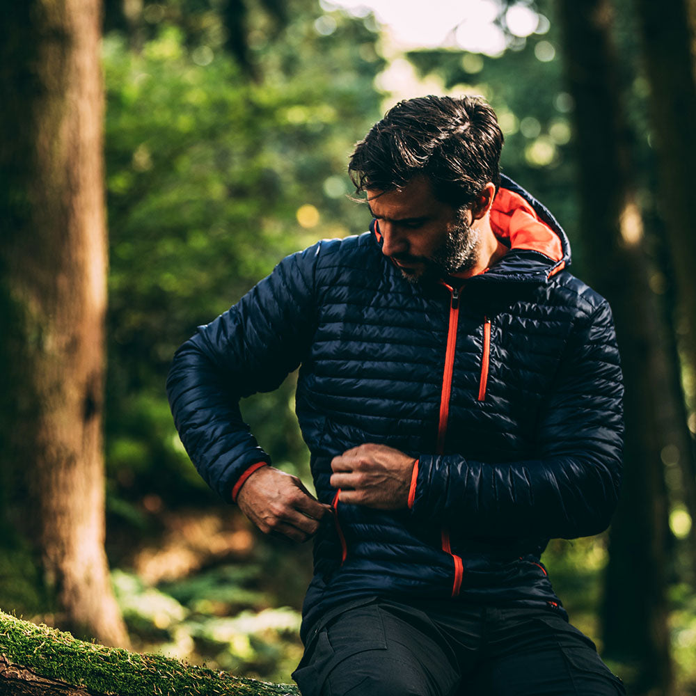 Isobaa | Mens Merino Wool Insulated Jacket (Navy/Orange) | Innovative and sustainable design with our Merino jacket.